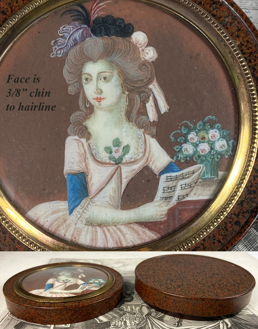 Antique 18th Century French Portrait Miniature Snuff or Patch Box, Lacquer Vernis Martin and Shell