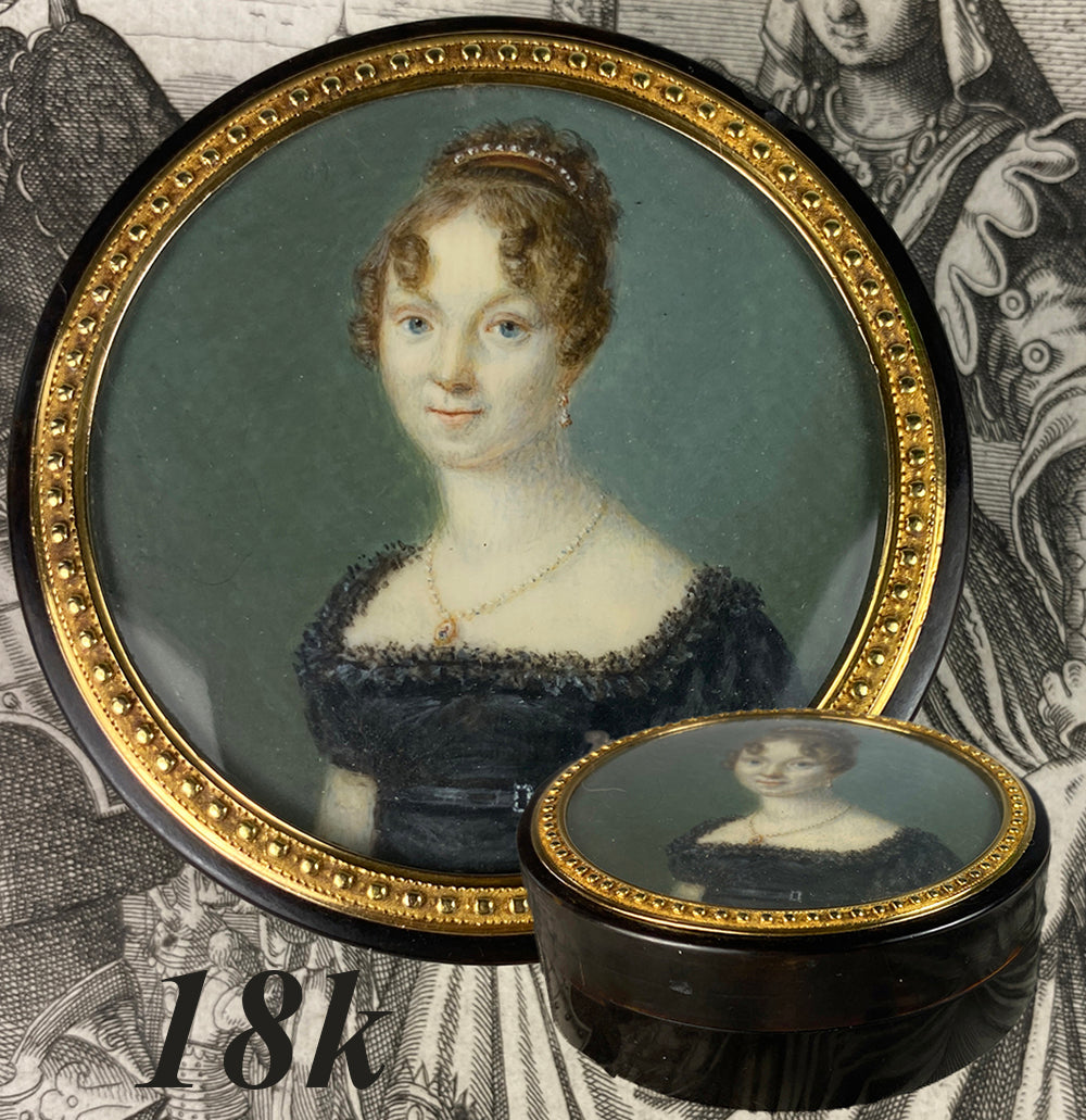 Antique French Empire Portrait Miniature Tortoise Shell Snuff or Patch Box, 18k, Tiara