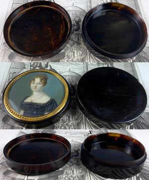 Antique French Empire Portrait Miniature Tortoise Shell Snuff or Patch Box, 18k, Tiara