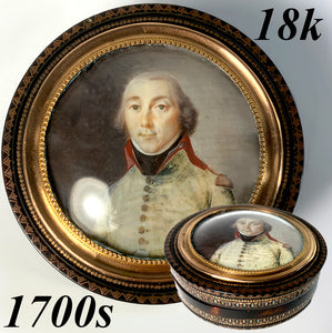 Superb Antique 18th Century Military Portrait Miniature Snuff Box, 18k Pique Tortoise Shell