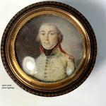 Superb Antique 18th Century Military Portrait Miniature Snuff Box, 18k Pique Tortoise Shell