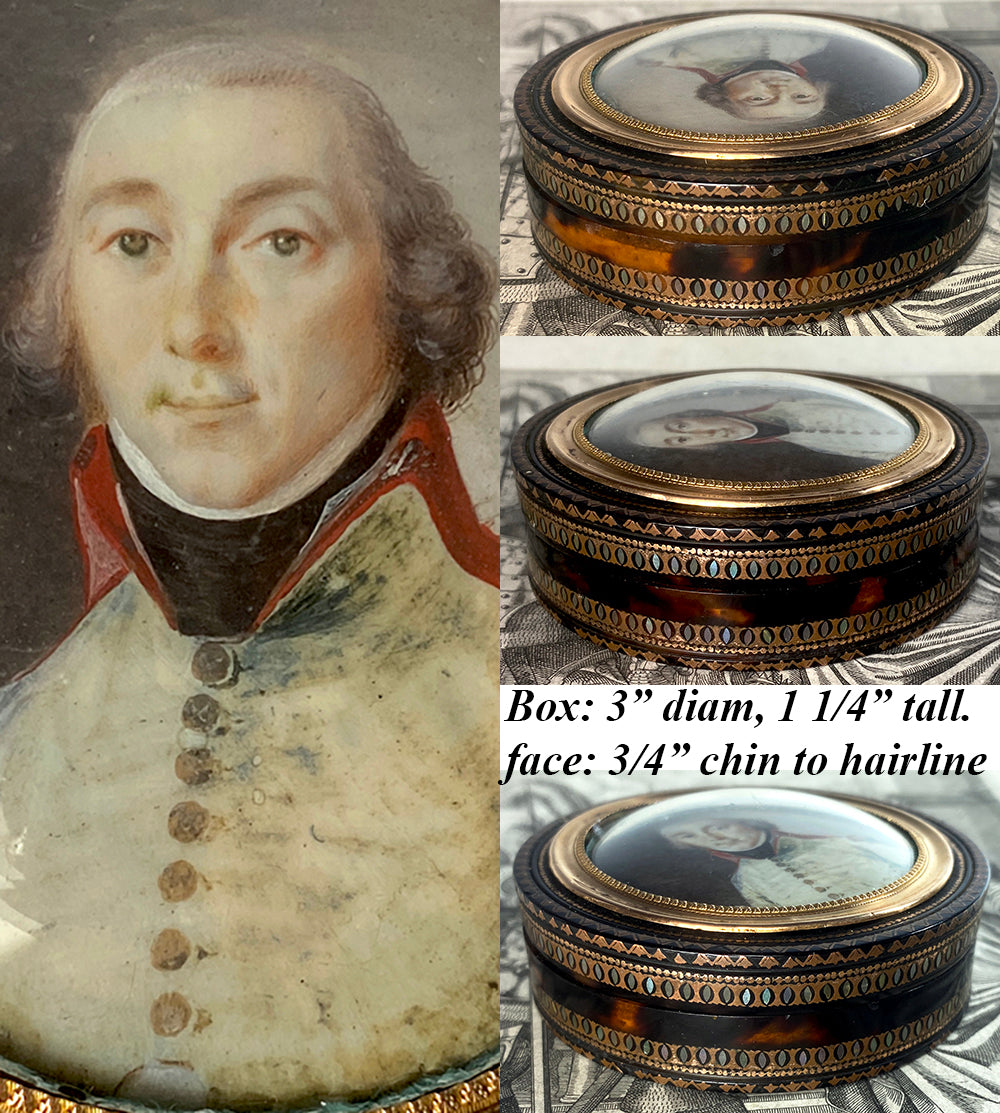 Superb Antique 18th Century Military Portrait Miniature Snuff Box, 18k Pique Tortoise Shell