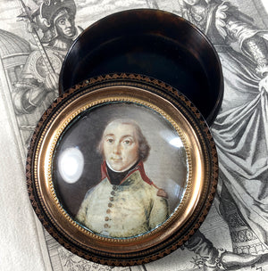 Superb Antique 18th Century Military Portrait Miniature Snuff Box, 18k Pique Tortoise Shell