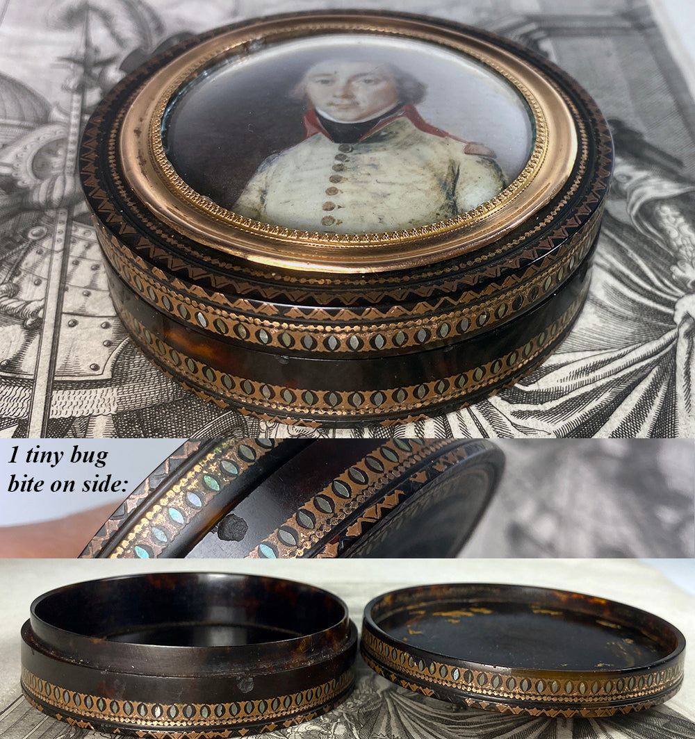 Superb Antique 18th Century Military Portrait Miniature Snuff Box, 18k Pique Tortoise Shell