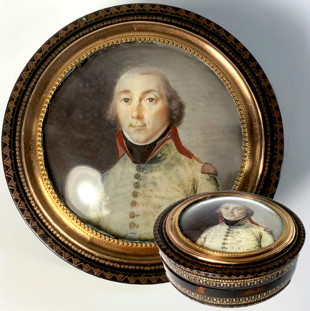 Superb Antique 18th Century Military Portrait Miniature Snuff Box, 18k Pique Tortoise Shell