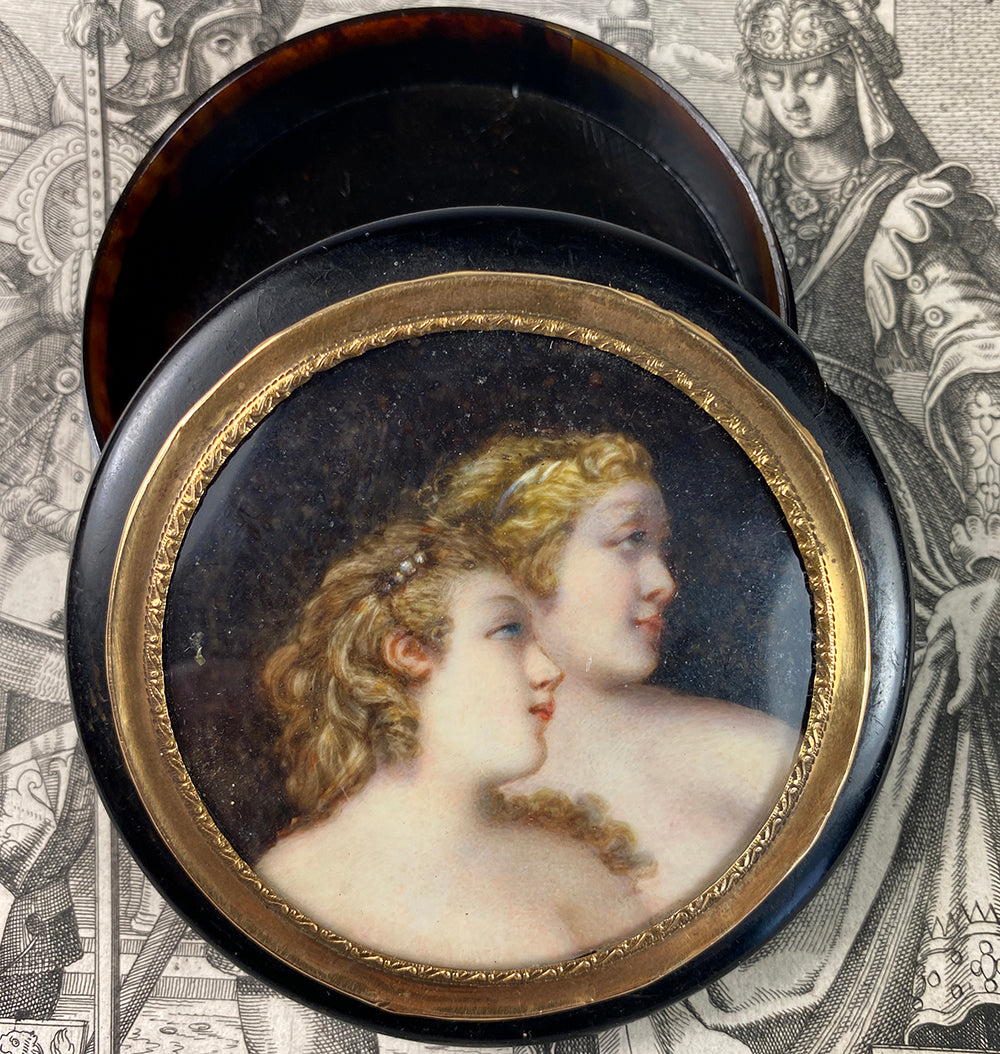 Antique French 18k & Tortoise Shell Snuff Box, 18th Century Portrait Miniature of 2 Blond Girls