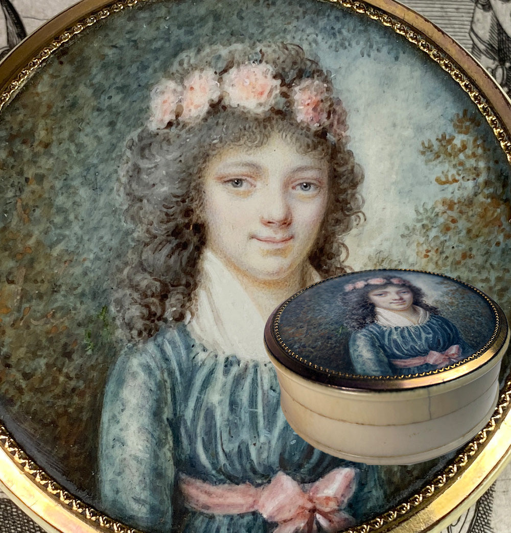 Antique French Portrait Miniature on Ivory Patch or Snuff Box, Young Girl in Flower Crown,  18th Century