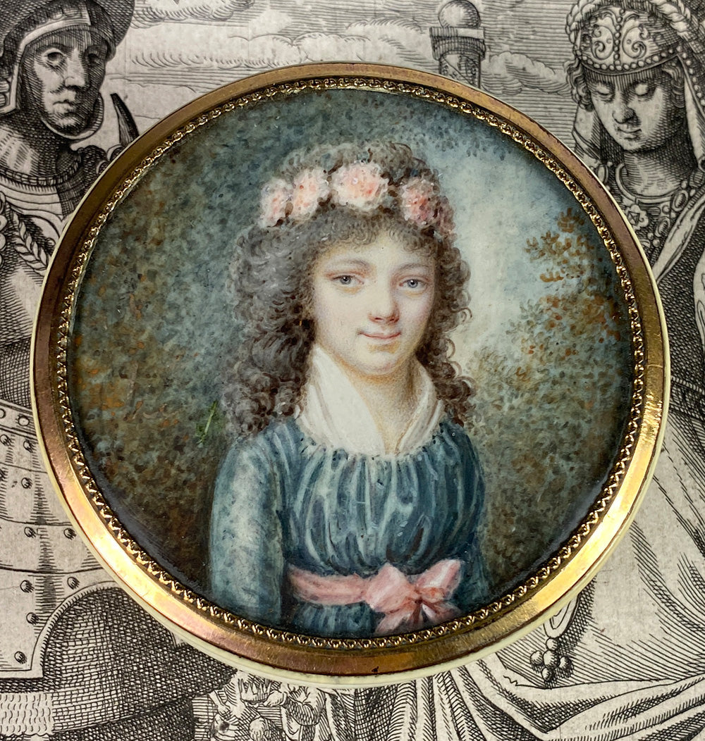 Antique French Portrait Miniature on Ivory Patch or Snuff Box, Young Girl in Flower Crown,  18th Century