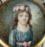 Antique French Portrait Miniature on Ivory Patch or Snuff Box, Young Girl in Flower Crown,  18th Century