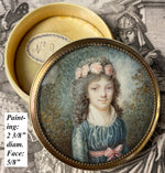 Antique French Portrait Miniature on Ivory Patch or Snuff Box, Young Girl in Flower Crown,  18th Century