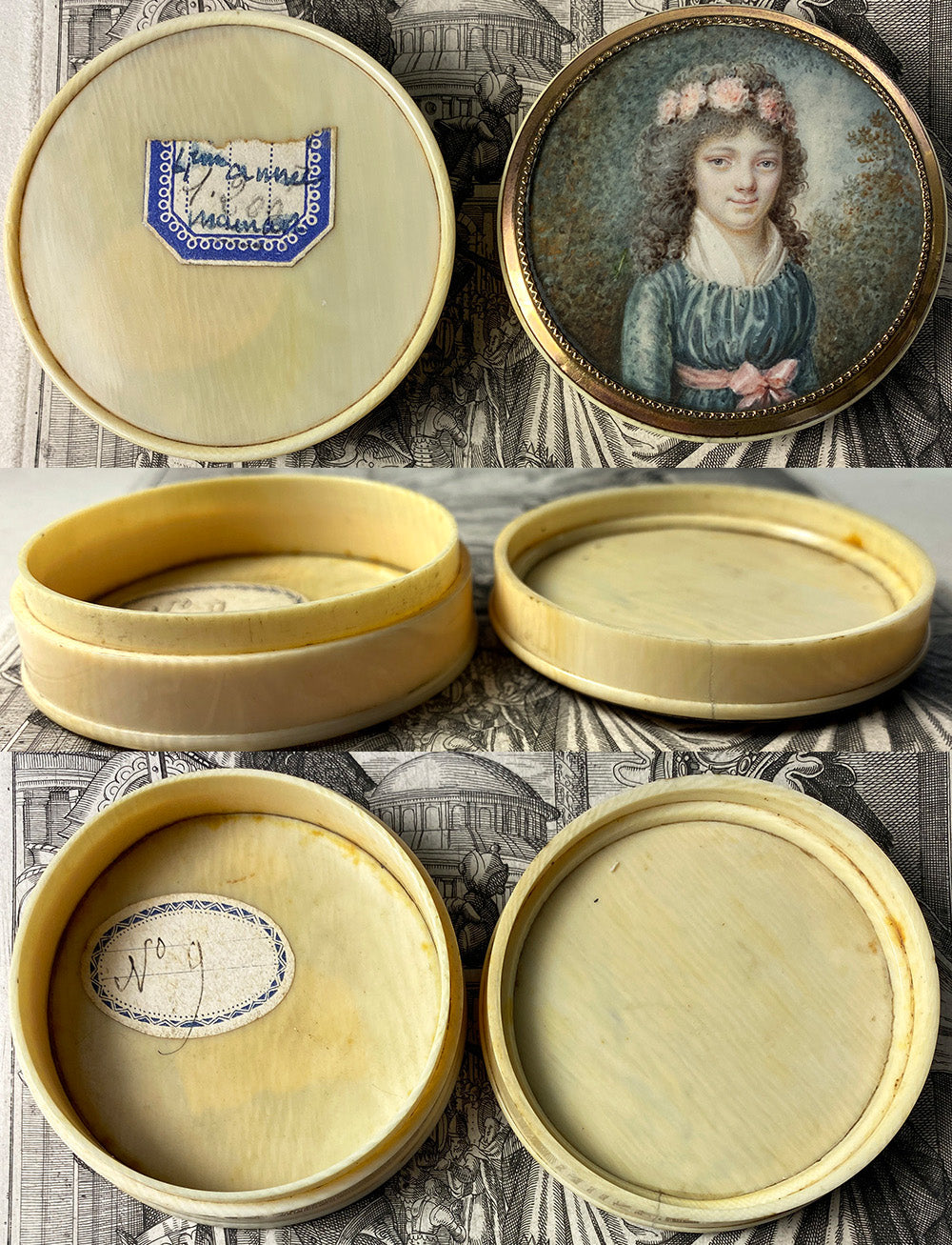 Antique French Portrait Miniature on Ivory Patch or Snuff Box, Young Girl in Flower Crown,  18th Century