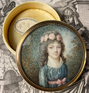 Antique French Portrait Miniature on Ivory Patch or Snuff Box, Young Girl in Flower Crown,  18th Century