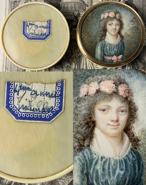 Antique French Portrait Miniature on Ivory Patch or Snuff Box, Young Girl in Flower Crown,  18th Century