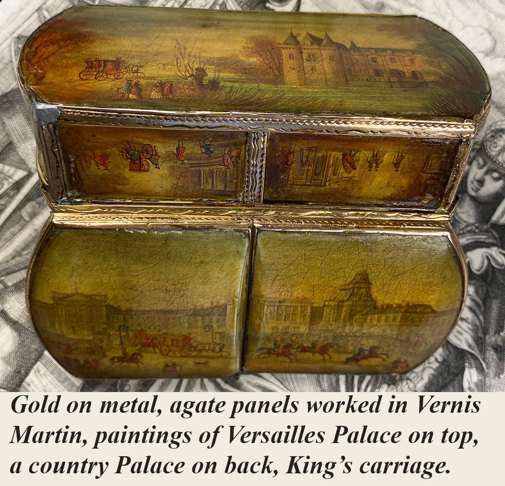 RARE 18th Century Agate Patch or Snuff Box, Vernis Martin Paintings, Versailles in 16k