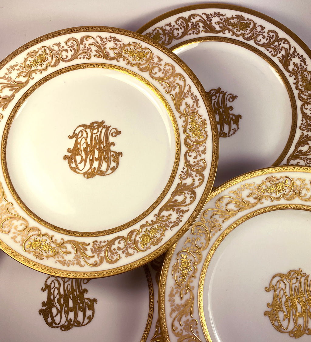 Fine Antique Set of 4 French Limoges Raised Gold Enamel 10 1/4" Dinner or Cabinet Plates
