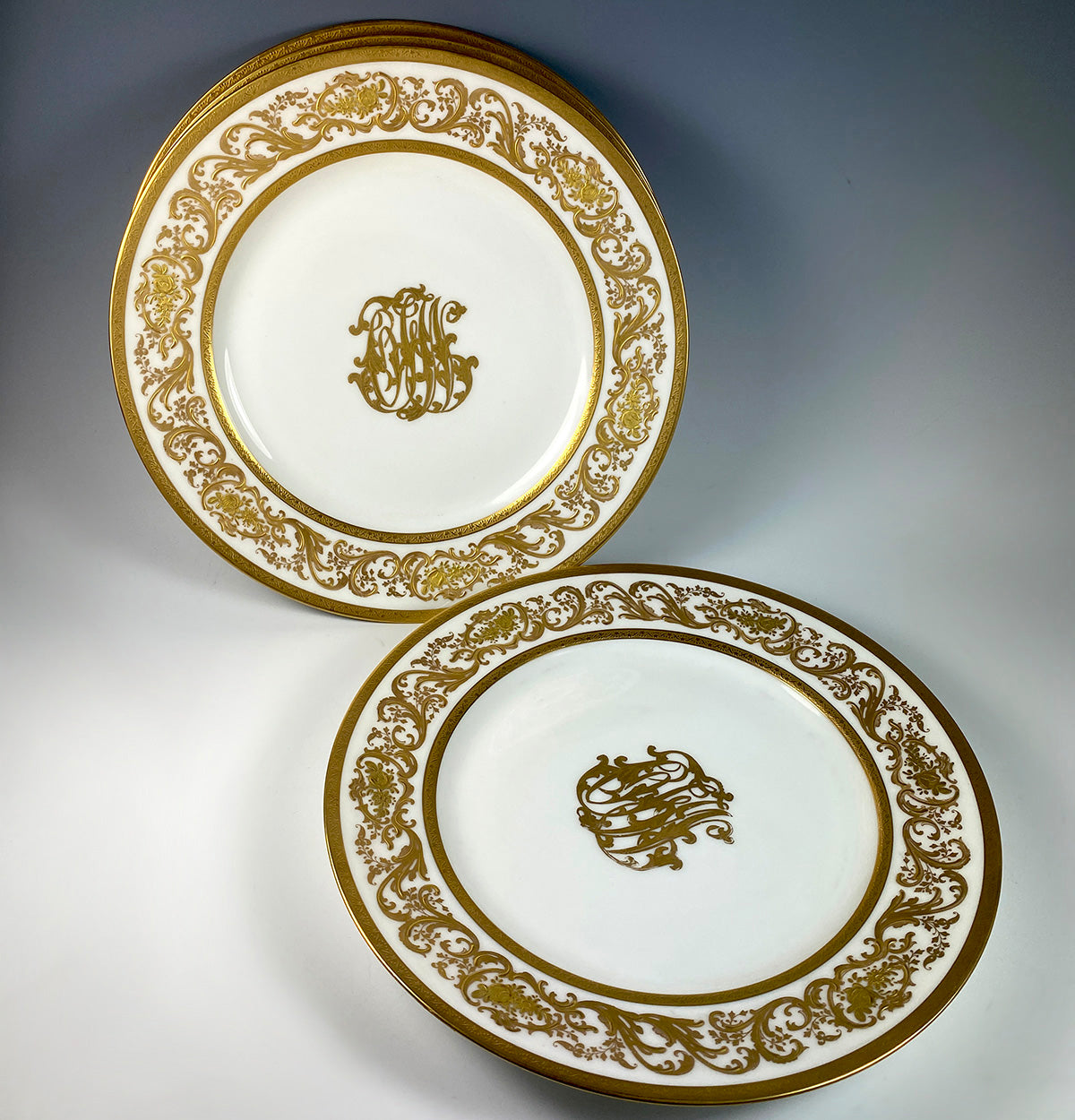 Fine Antique Set of 4 French Limoges Raised Gold Enamel 10 1/4" Dinner or Cabinet Plates