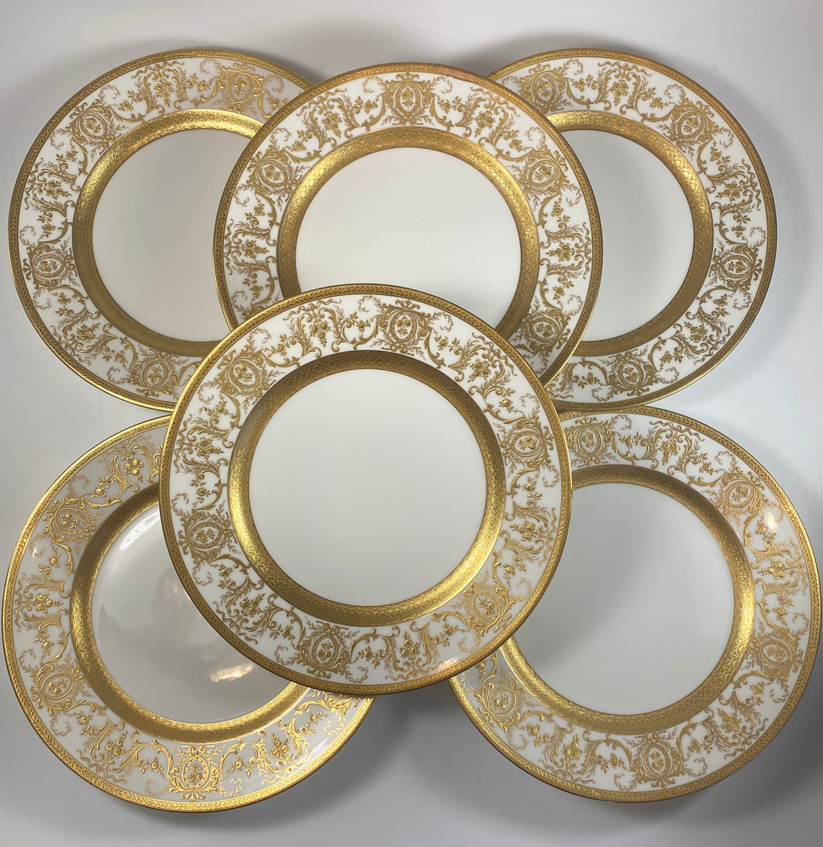 Set of 6 Opulent Antique Raised Gold Enamel 10.5" Dinner Plates, Limoges France Belle Epoch