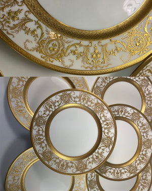 Set of 6 Opulent Antique Raised Gold Enamel 10.5" Dinner Plates, Limoges France Belle Epoch