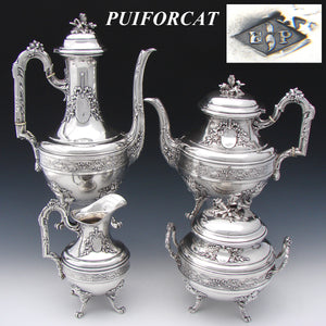 Exq Antique French PUIFORCAT Hallmarked Sterling Silver 4pc Coffee & Tea Service, Set, Empire Style