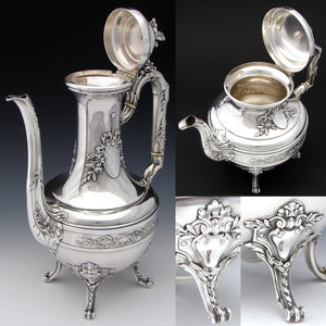 Exq Antique French PUIFORCAT Hallmarked Sterling Silver 4pc Coffee & Tea Service, Set, Empire Style