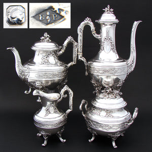 Exq Antique French PUIFORCAT Hallmarked Sterling Silver 4pc Coffee & Tea Service, Set, Empire Style