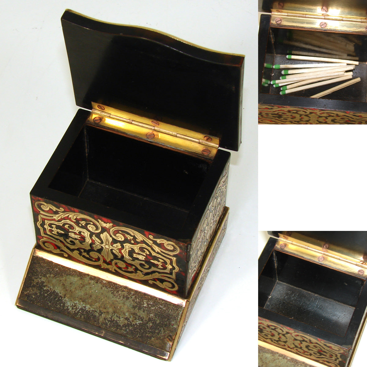 Antique French Maison GIROUX Marked Boulle Casket, Match Holder with Striker Panel