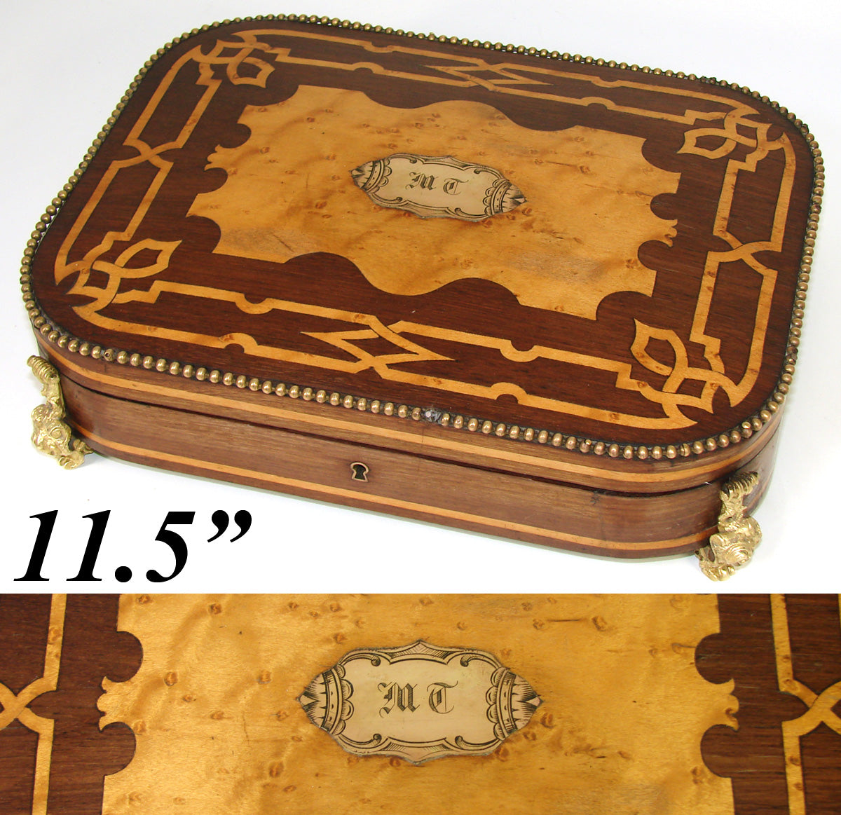 Antique French Napoleon III Era 11.5" Jewelry or Desk Box, Gorgeous Marquetry Inlay