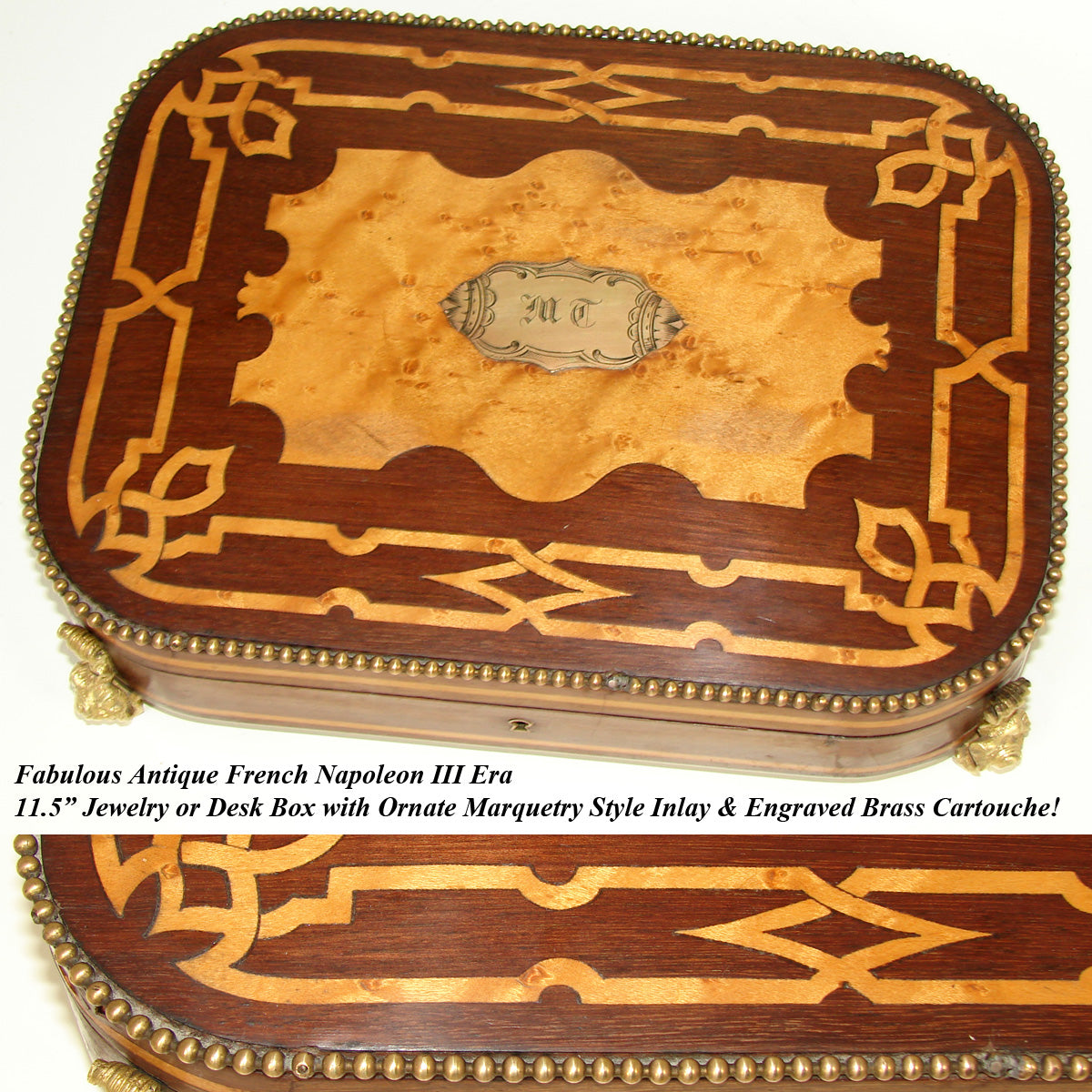 Antique French Napoleon III Era 11.5" Jewelry or Desk Box, Gorgeous Marquetry Inlay