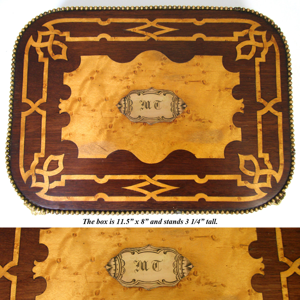 Antique French Napoleon III Era 11.5" Jewelry or Desk Box, Gorgeous Marquetry Inlay