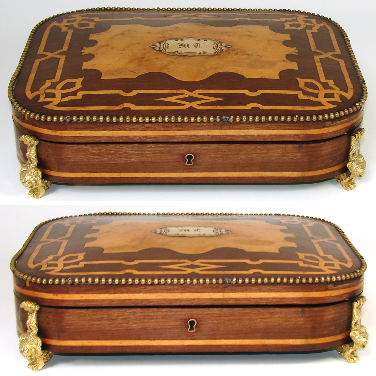 Antique French Napoleon III Era 11.5" Jewelry or Desk Box, Gorgeous Marquetry Inlay