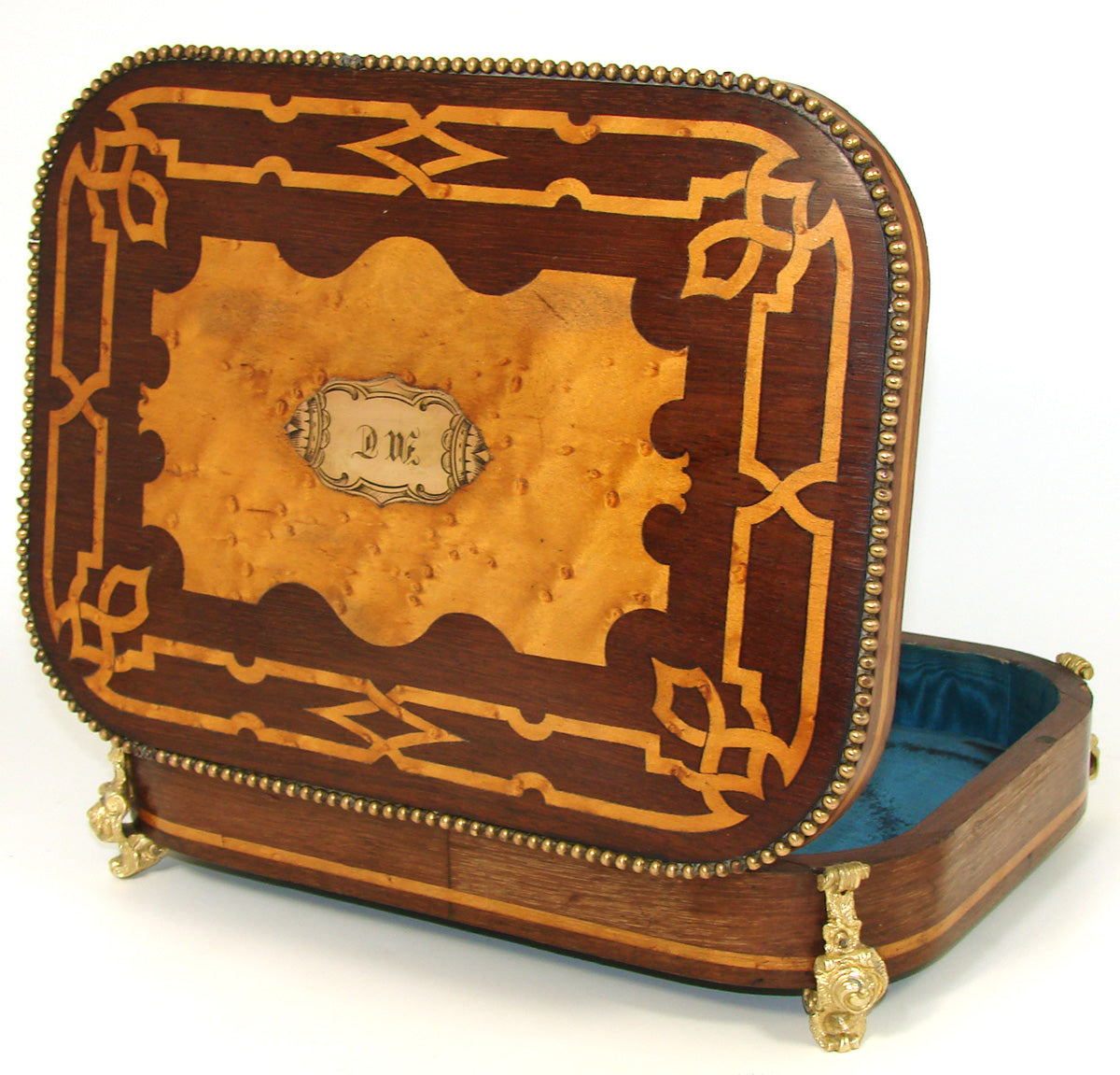 Antique French Napoleon III Era 11.5" Jewelry or Desk Box, Gorgeous Marquetry Inlay