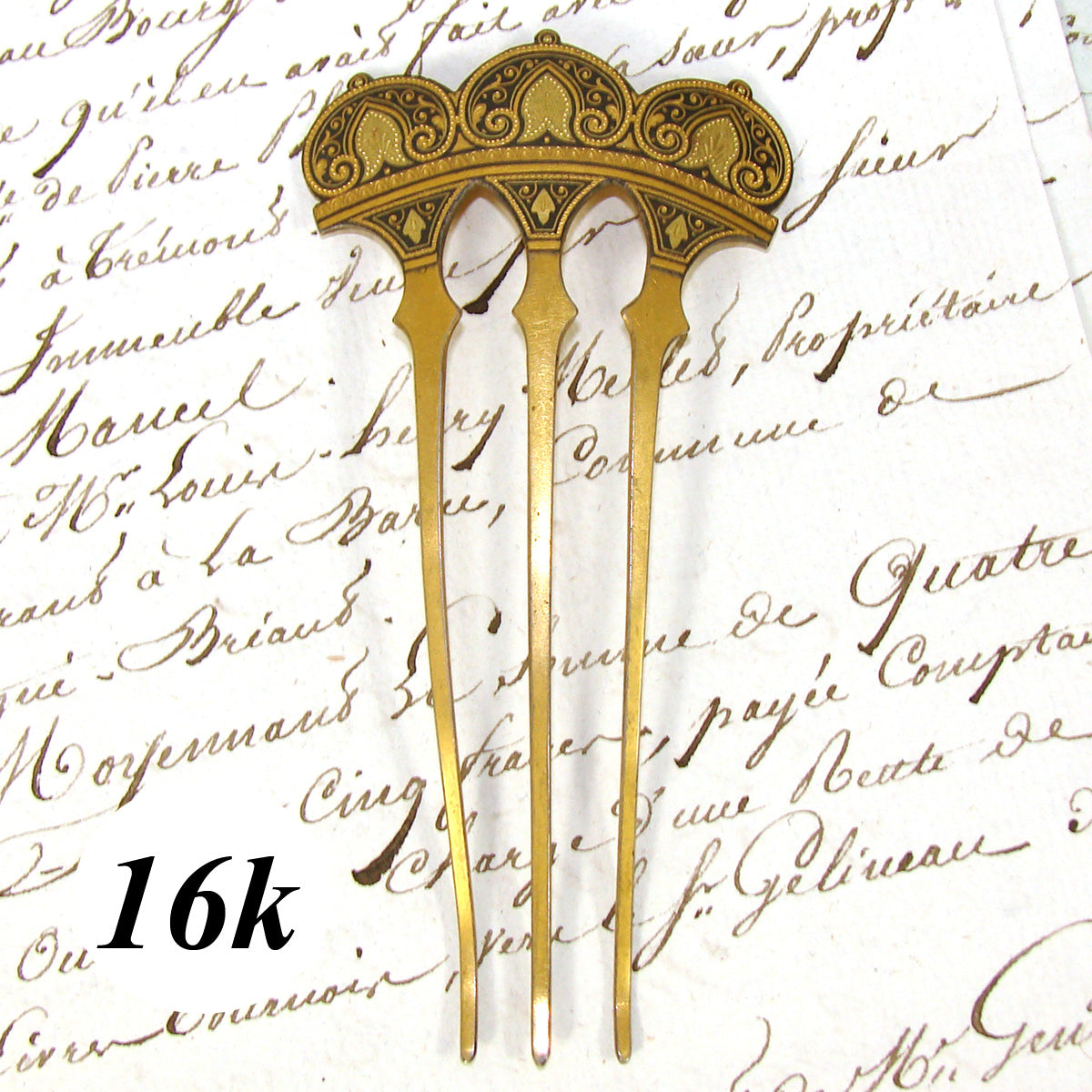 Rare Antique Damascene or Toledo 16k Gold Inlay Hair Comb, Hair Jewelry