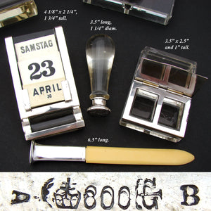 Vintage Art Deco Continental .800 Silver & Cut Glass 9pc Writer's Set: Inkwell, Clock, Wax Seal, Calendar ++