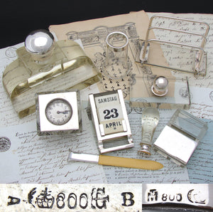 Vintage Art Deco Continental .800 Silver & Cut Glass 9pc Writer's Set: Inkwell, Clock, Wax Seal, Calendar ++