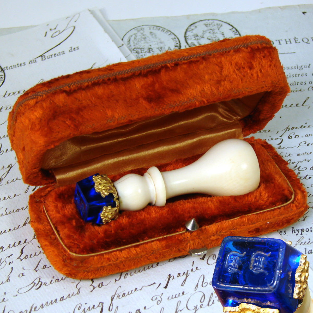 Antique Victorian Era Carved Solid Ivory Wax Seal or Sceau, Ormolu & Blue Glass Matrix