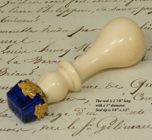 Antique Victorian Era Carved Solid Ivory Wax Seal or Sceau, Ormolu & Blue Glass Matrix