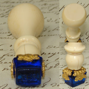 Antique Victorian Era Carved Solid Ivory Wax Seal or Sceau, Ormolu & Blue Glass Matrix