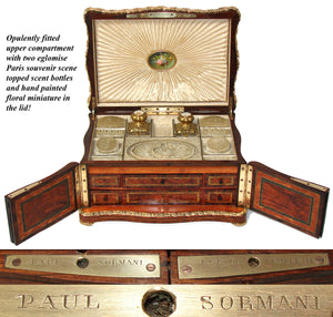 Museum Antique French Paul Sormani Marked 14.25" Jewelry Chest, Serpentine with Kingwood & Burled Veneers, Crown Top Monogram