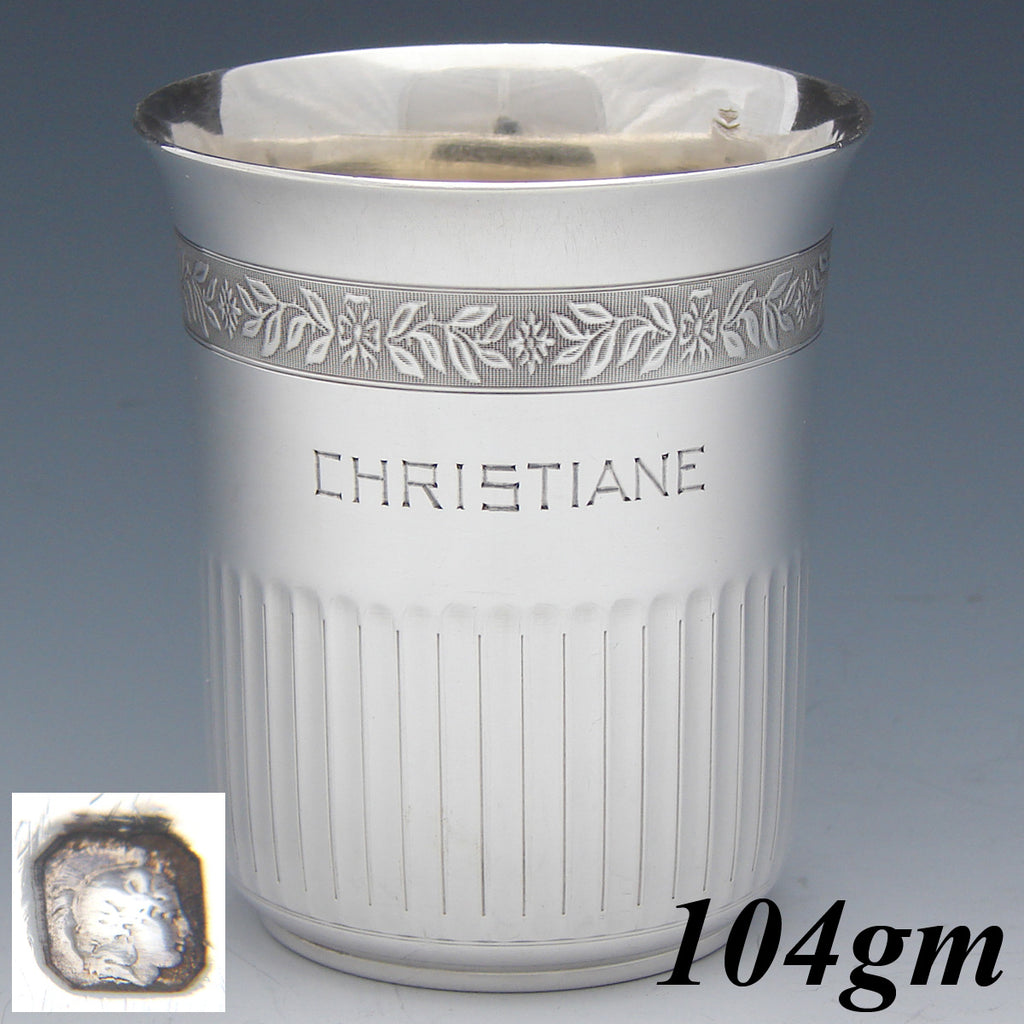 Antique French Sterling Silver Mint Julep Cup, Tumbler or Timbale, "Christiane", Foliate Band