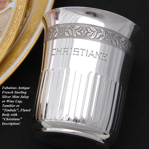 Antique French Sterling Silver Mint Julep Cup, Tumbler or Timbale, "Christiane", Foliate Band