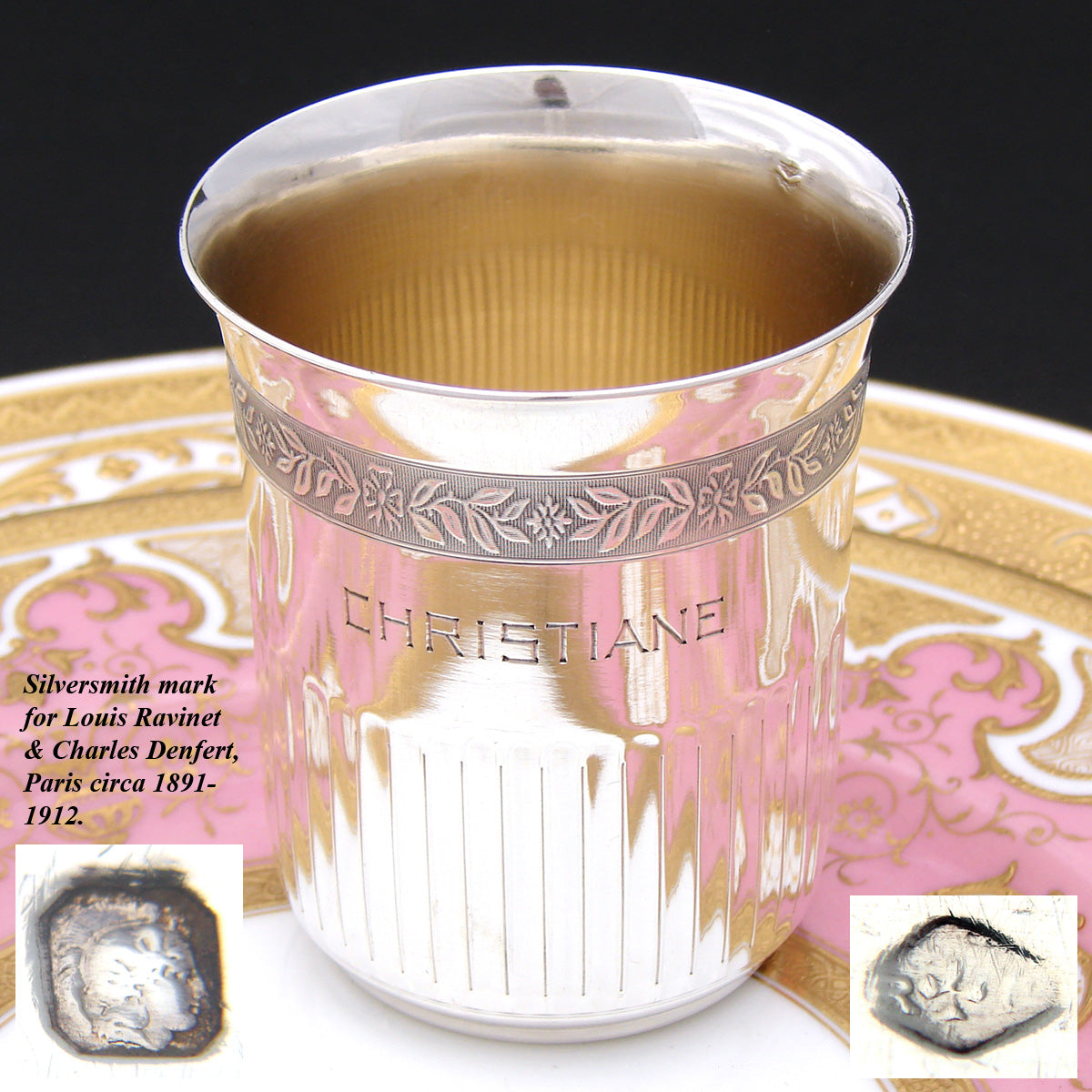 Antique French Sterling Silver Mint Julep Cup, Tumbler or Timbale, "Christiane", Foliate Band