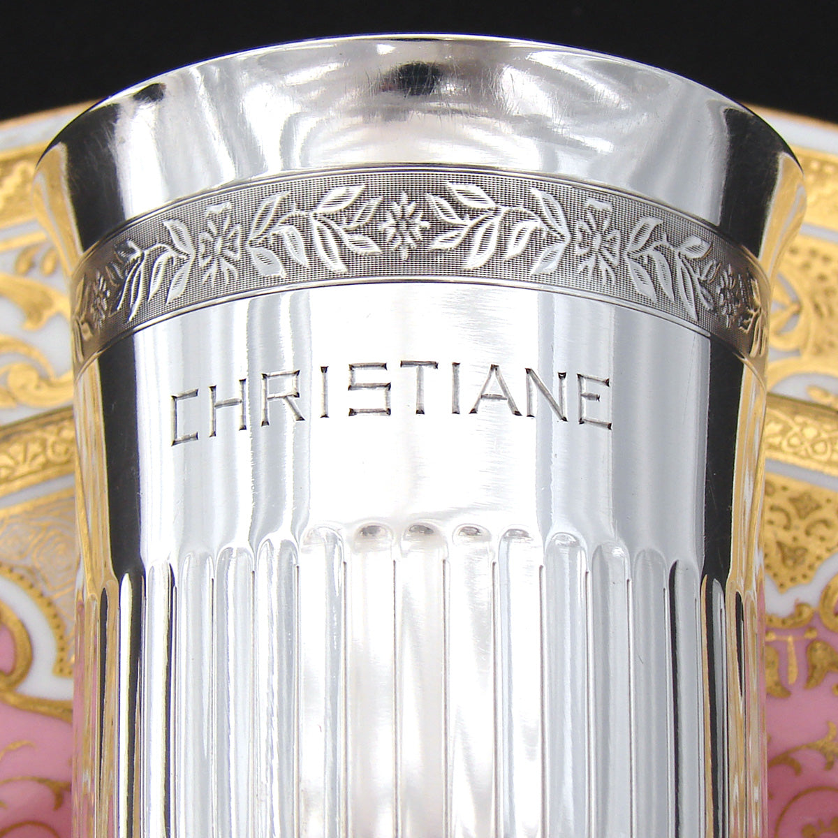 Antique French Sterling Silver Mint Julep Cup, Tumbler or Timbale, "Christiane", Foliate Band