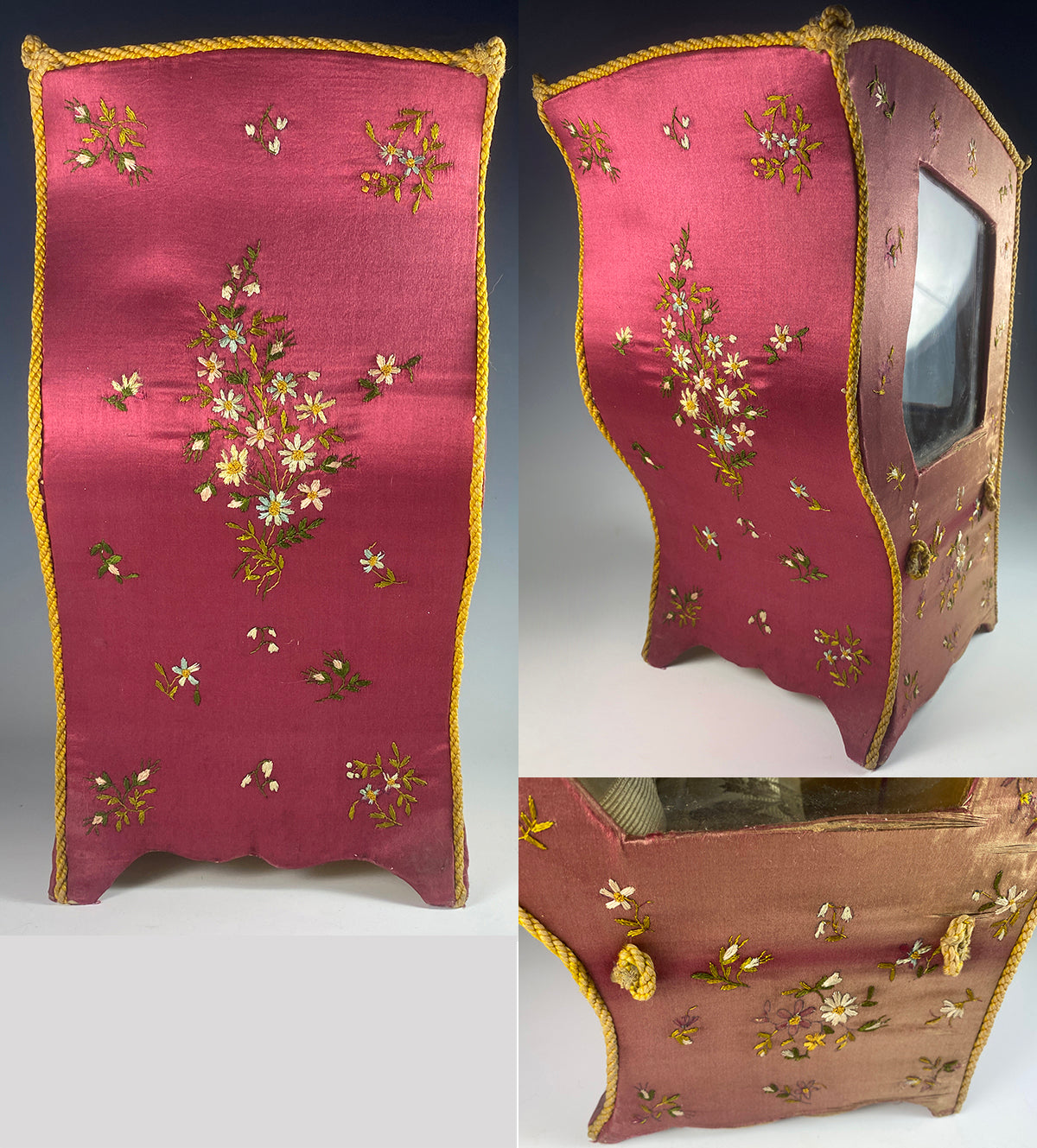 Antique French Silk Embroidery on Silk Doll Sized 13.5" Sedan Vitrine, Like 18th C. Carriage