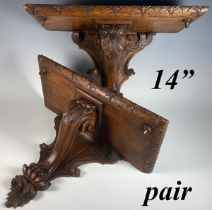 Superb 19th Century Pair (2) of 14" Wide Hand Carved French Wall Shelf Shelves, Bracket