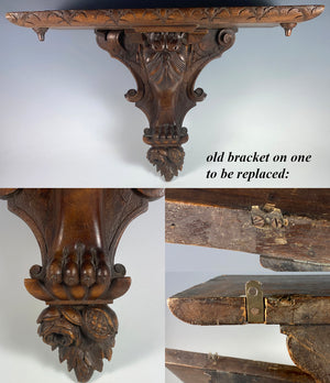 Superb 19th Century Pair (2) of 14" Wide Hand Carved French Wall Shelf Shelves, Bracket