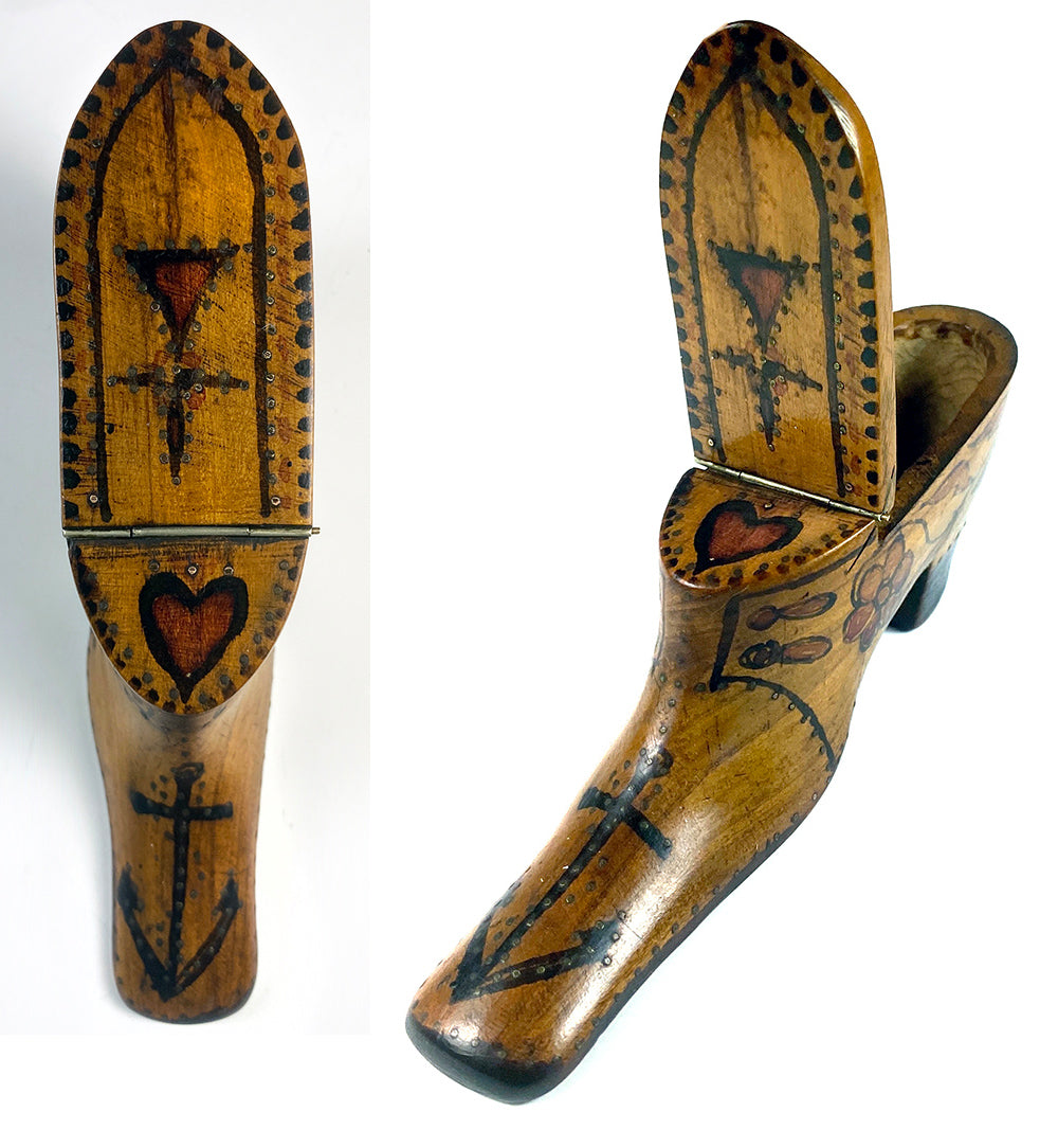 Antique 18th Century French Boot or Shoe Snuff Box, Heart Anchor Pique Table Snuff 5.75"