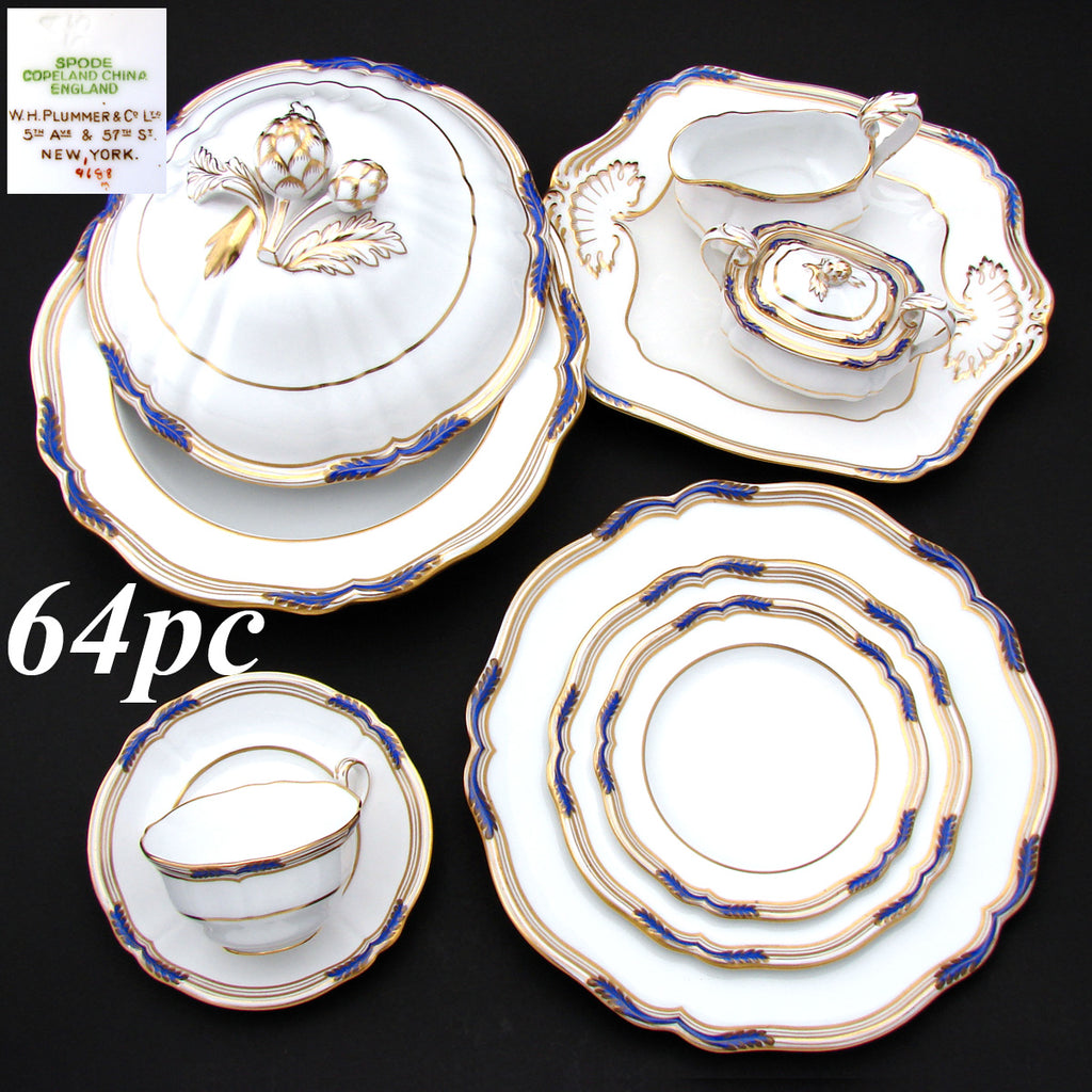 Rare Vintage Copeland Spode 64pc Plate, Tea Cup & Serving Dish Set, Blue & Gold "Chancellor" Pattern