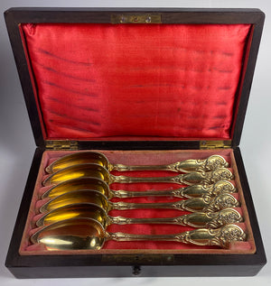 Superb Antique French Sterling Silver 18k Gold Vermeil Spoon Set of 6 in Wood Box