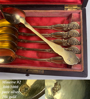 Superb Antique French Sterling Silver 18k Gold Vermeil Spoon Set of 6 in Wood Box