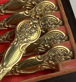 Superb Antique French Sterling Silver 18k Gold Vermeil Spoon Set of 6 in Wood Box